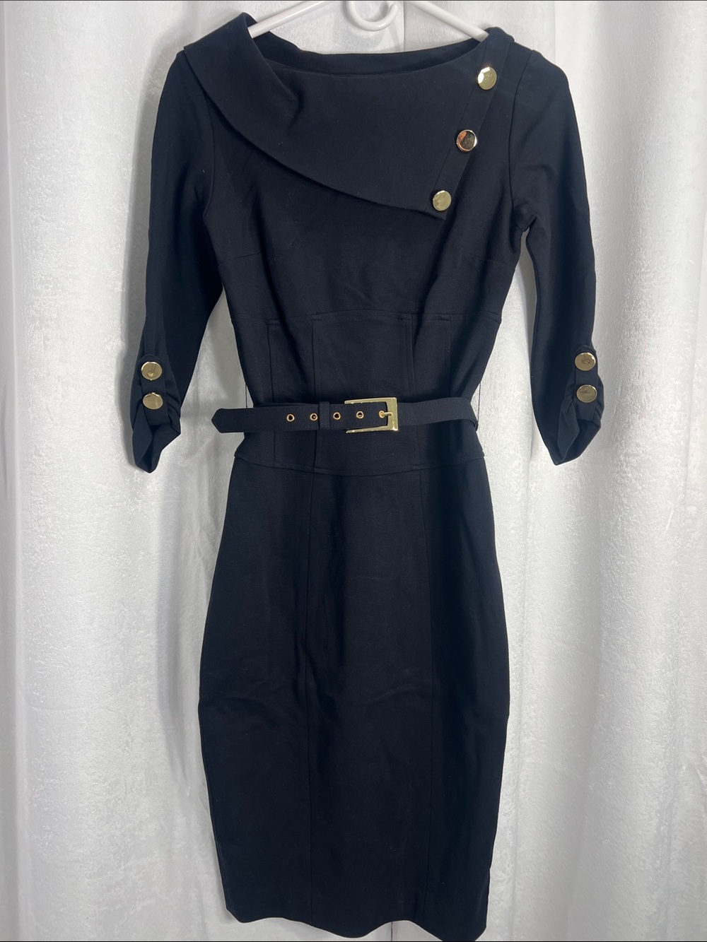 Cache Black Midi Sheath Dress with Gold Buttons & Belt